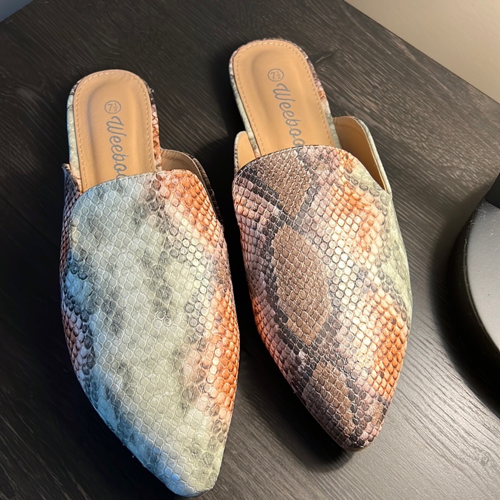 Snakeskin slider flats, mules